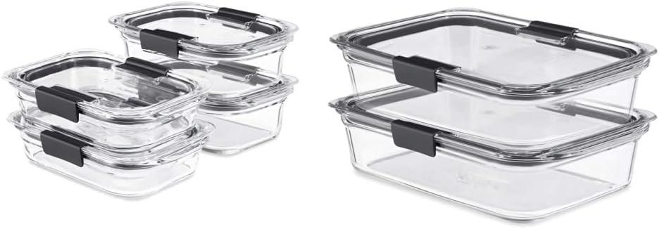 Rubbermaid 8-Piece Brilliance Glass Food Storage Containers with Lids, Clear/Grey & 2118315 Brilliance Glass Storage 8-Cup Food Containers with Lids, 2-Pack, BPA Free and Leak Proof, Large, Clear