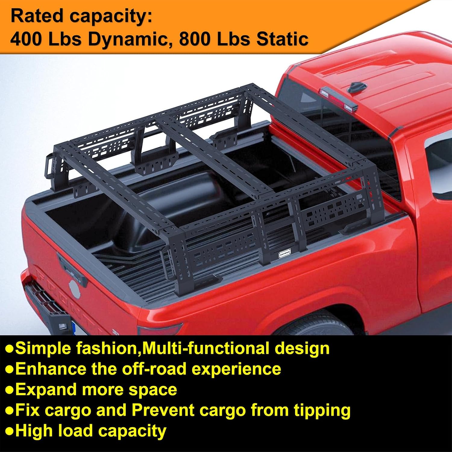 Overland Bed Rack for Mid-Size Pickup Trucks, Adjustable Truck Cargo Carrier, Textured Black D583