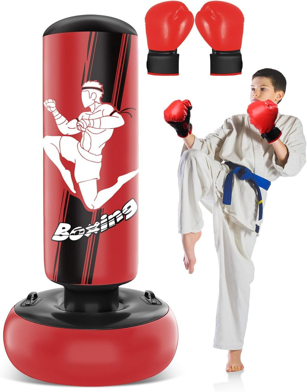 66 Inch Inflatable Punching Bag for Kids, Freestanding Punching Bag for Teen, Boxing Bag with Boxing Gloves for Practicing MMA Karate Taekwondo and Relieve Pent Up Energy(Red)