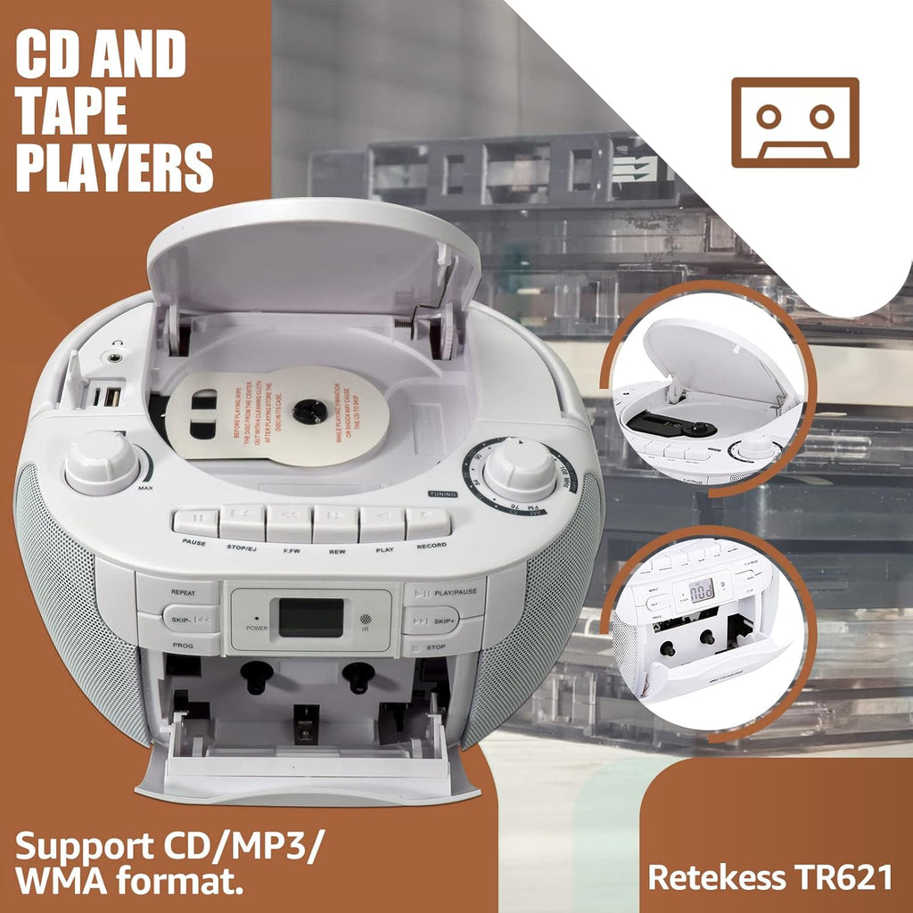 CD and Cassette Player Combo, Portable Boombox with AM FM Radio and Tape Recording W805738