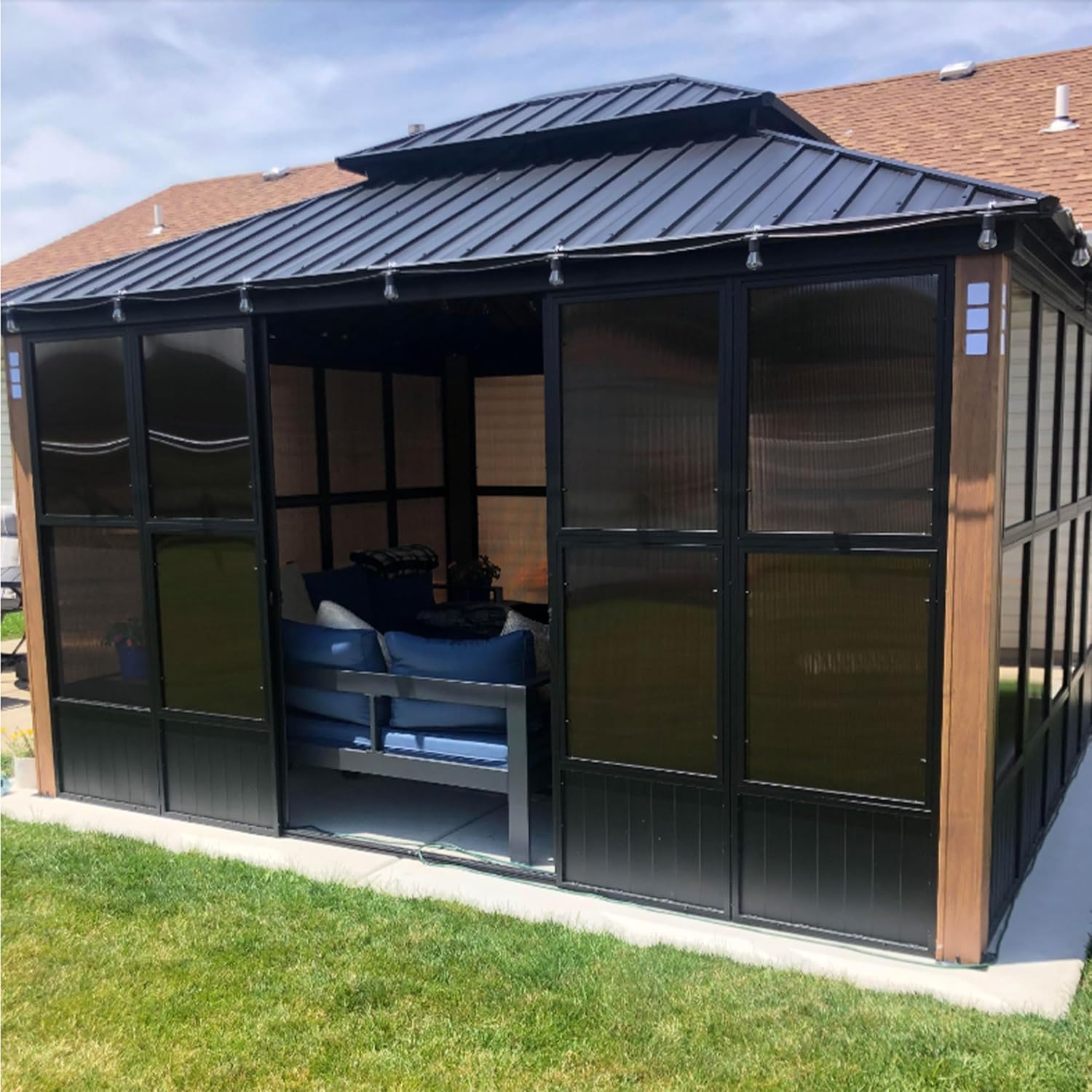 PURPLE LEAF 12' X 14' Patio Hardtop Gazebo Double Top Outdoor Screen House Aluminum Solarium Backyard Sun Room with Detachable Windows and 24 Solar String Light