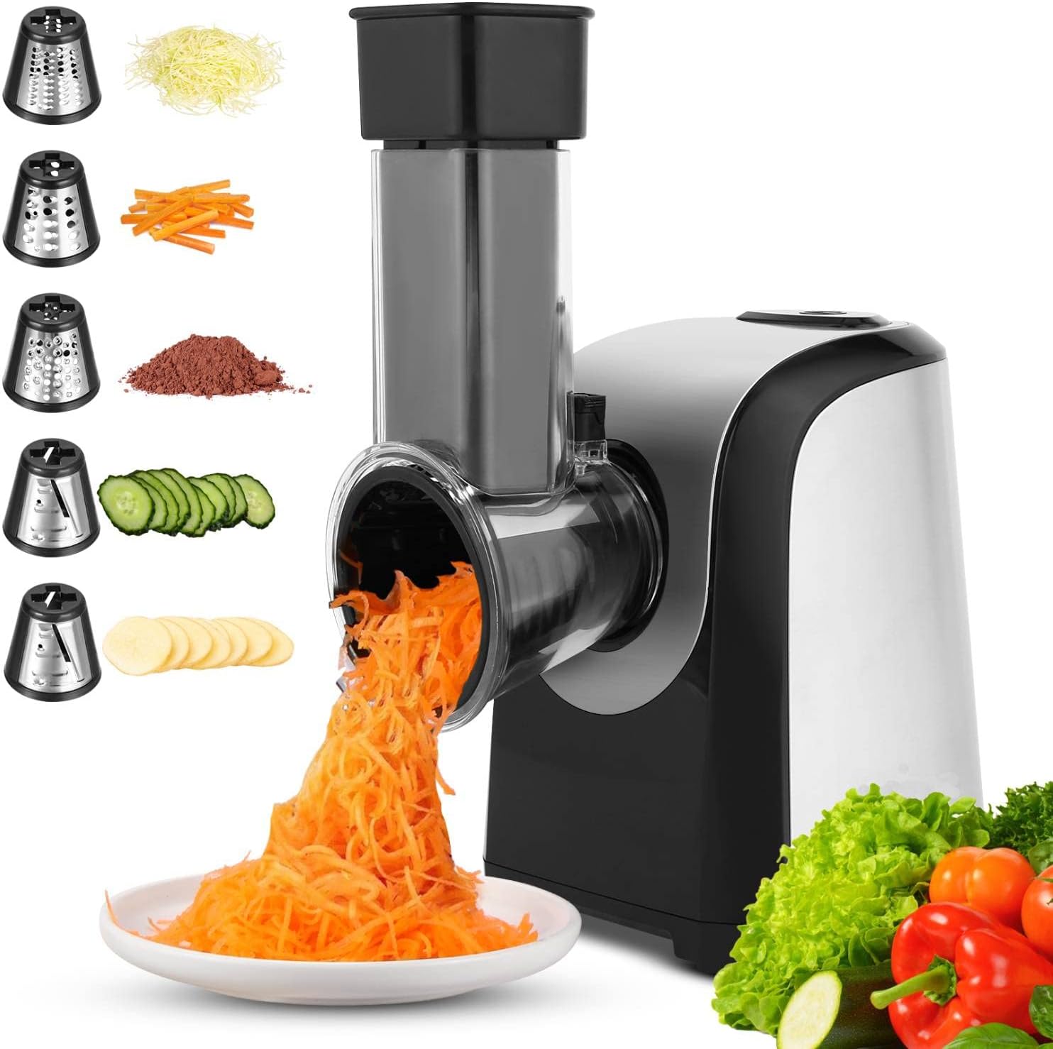 Electric Cheese Grater, 5 in 1 Professional Cheese Grater Electric Vegetable Slicer, Rotary Electric Slicer/Shredder Spiralizer for Veggies, Grated Carrots, Salad, Broccoli Slaw, Cheeses, Fruits, 150W