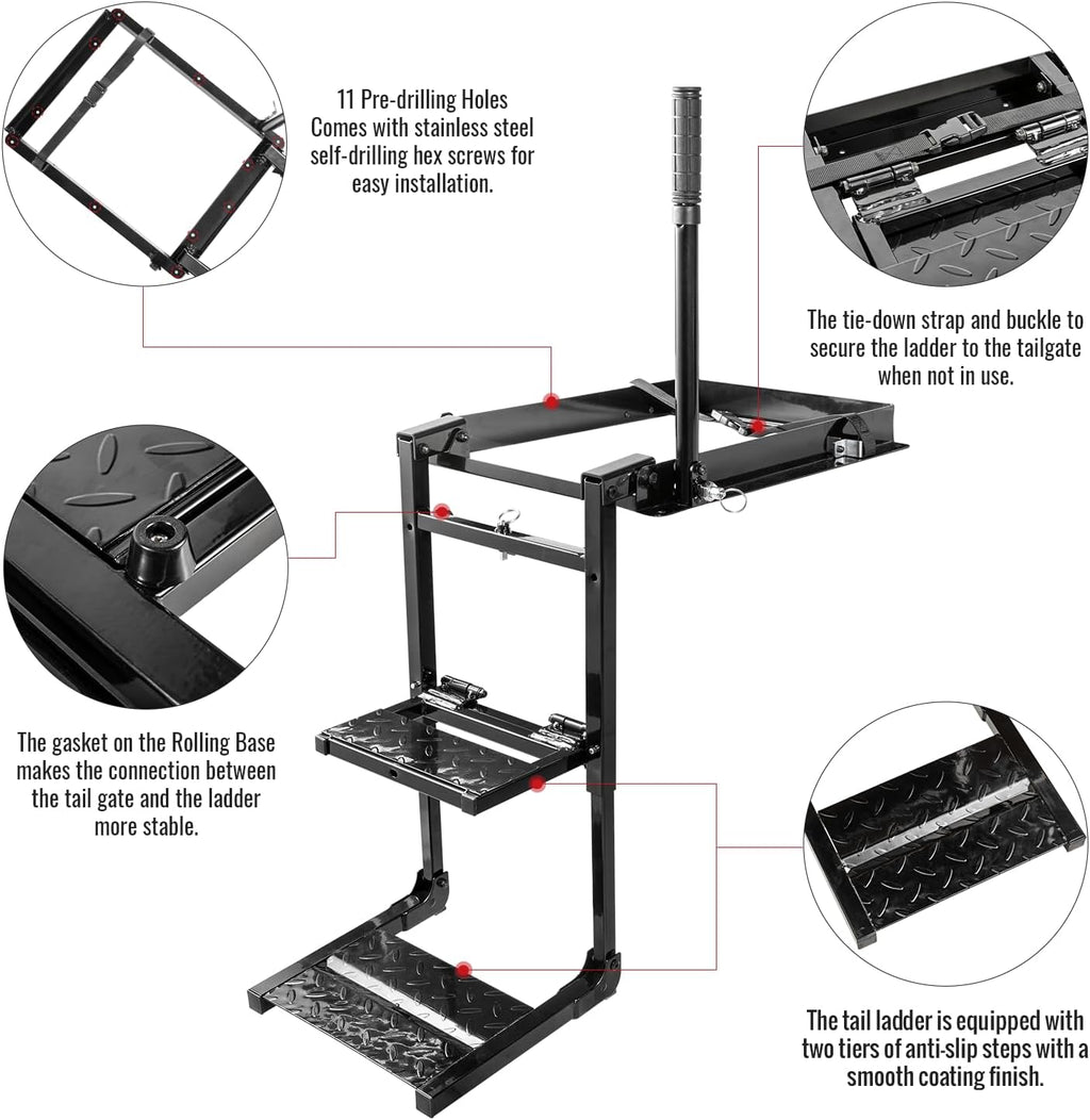 Foldable Tailgate Ladder Rack with Telescopic Handrail, 300 lb Capacity A23718
