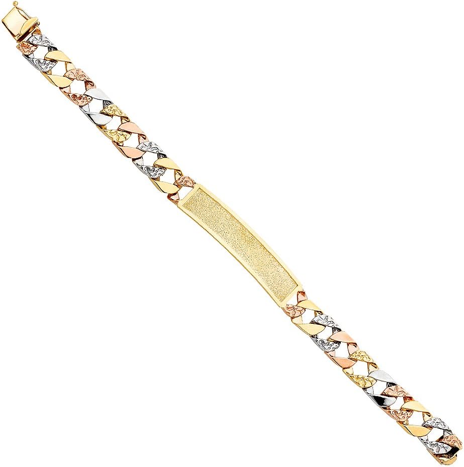 14k Tri 3 Color Gold Solid Polished Mens Nugget Cuban ID Bracelet - 8.5"