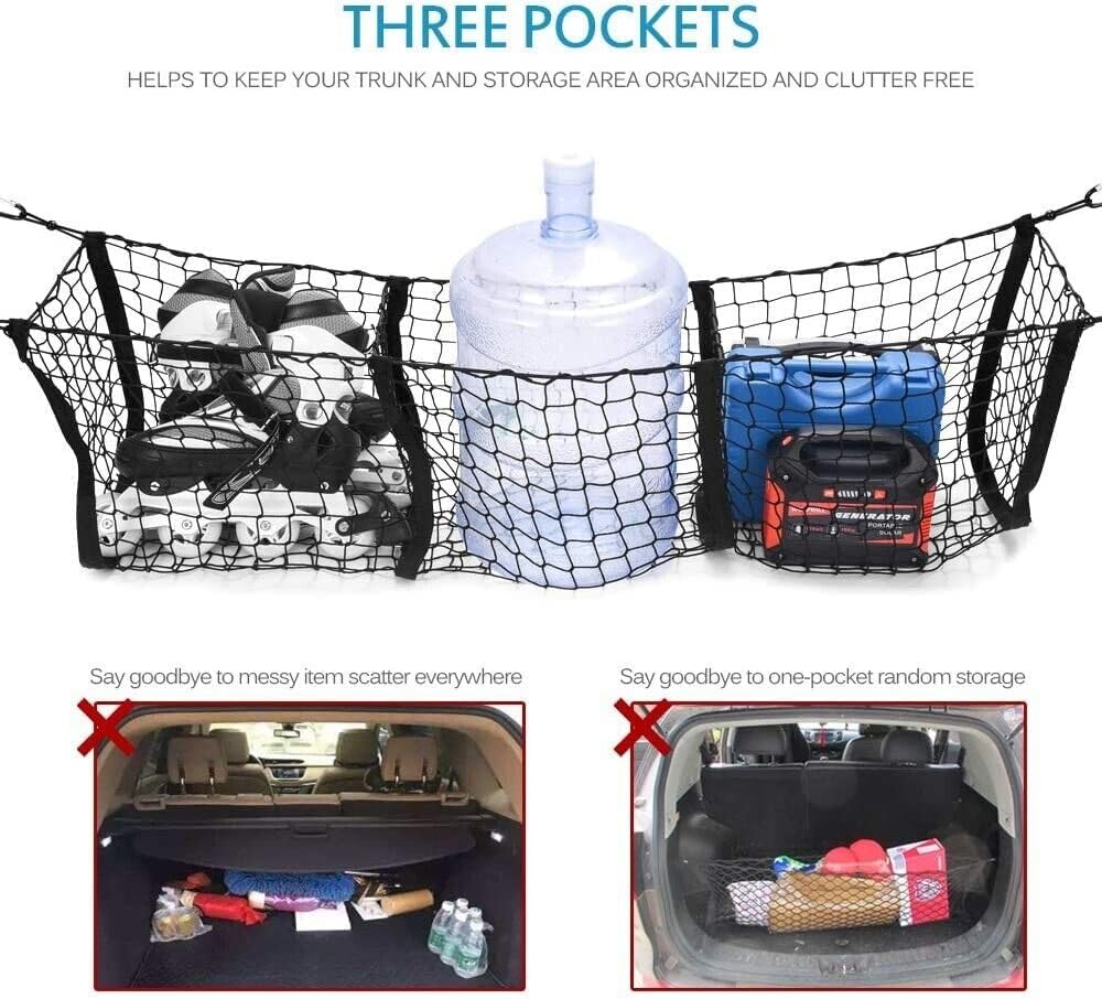Trunk Organizer Cargo Net for Hatchback, Envelope Style, 3 Pockets H8603