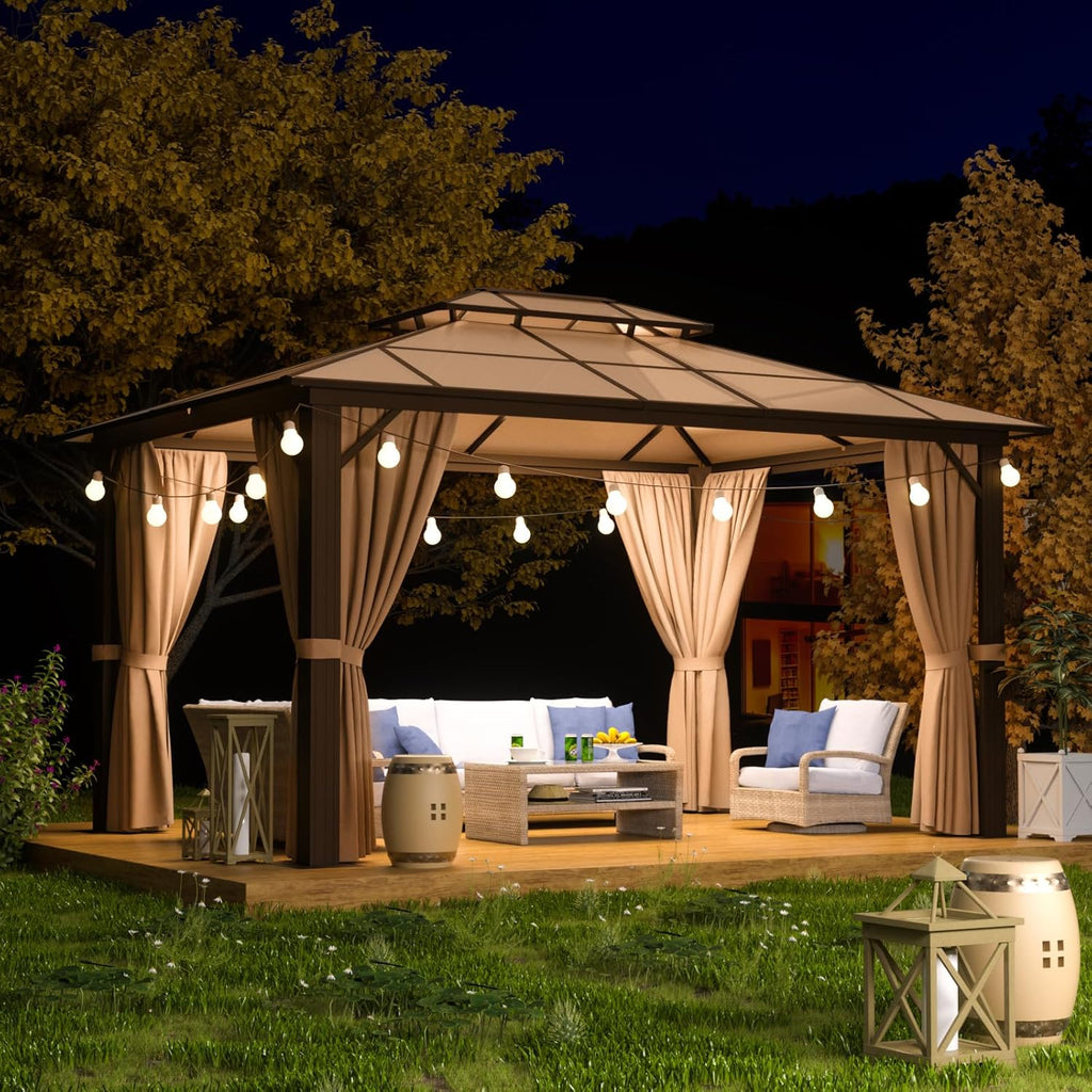 Aoxun 10x12FT Hardtop Gazebo, Aluminum Frame Permanent Pavilion with Curtains and Netting, Outdoor Polycarbonate Gazebo, Double Roof Canopy, for Gardens, Patios, Lawns