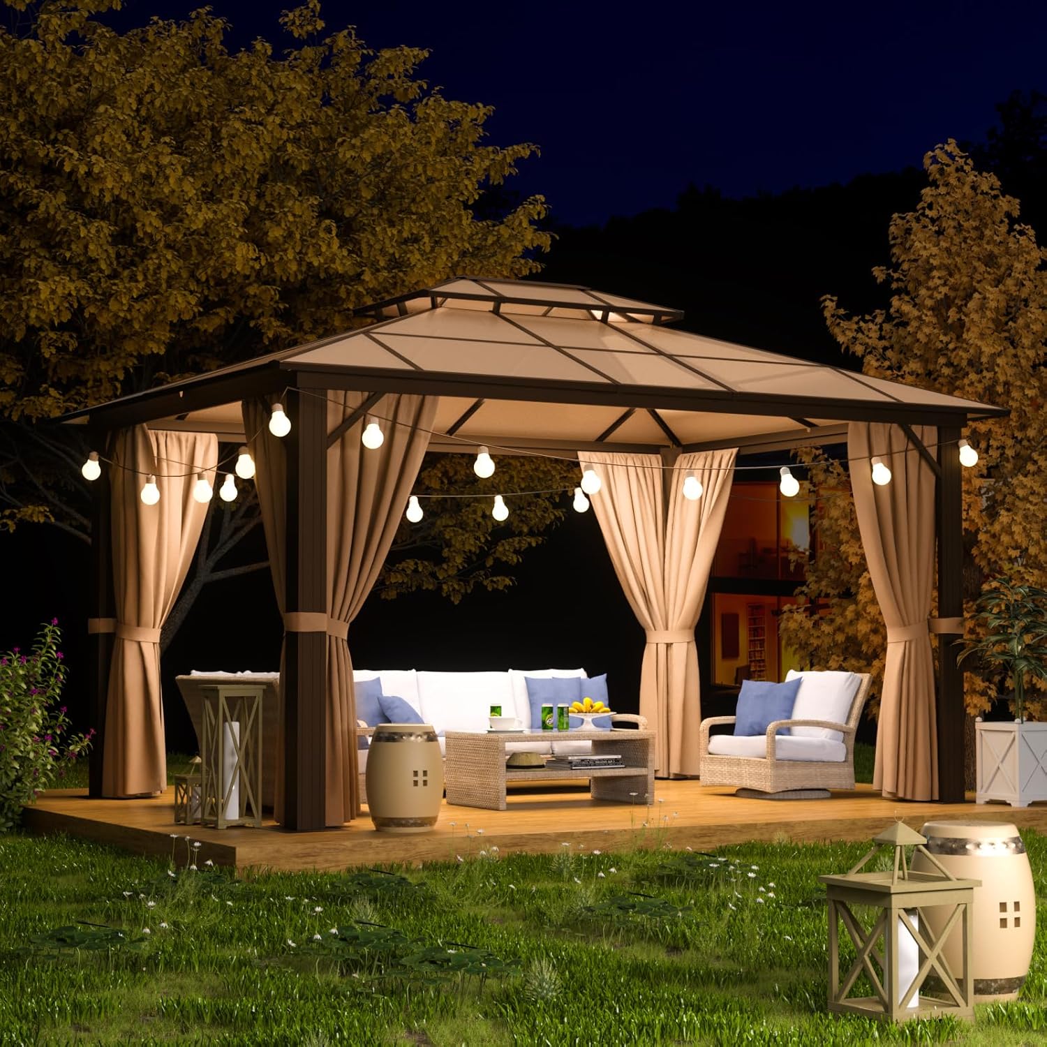 Aoxun 10x12FT Hardtop Gazebo, Aluminum Frame Permanent Pavilion with Curtains and Netting, Outdoor Polycarbonate Gazebo, Double Roof Canopy, for Gardens, Patios, Lawns