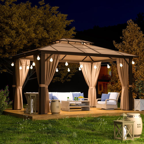 Aoxun 10x12FT Hardtop Gazebo, Aluminum Frame Permanent Pavilion with Curtains and Netting, Outdoor Polycarbonate Gazebo, Double Roof Canopy, for Gardens, Patios, Lawns