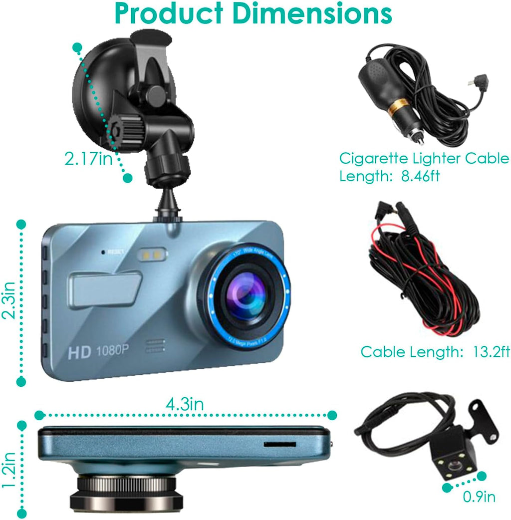 Dash Cam Front and Rear, 720P HD Dual Car Camera with Night Vision R980