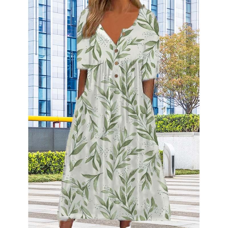 Women's Short Sleeve Boho Floral Maxi Dress with Pockets H410