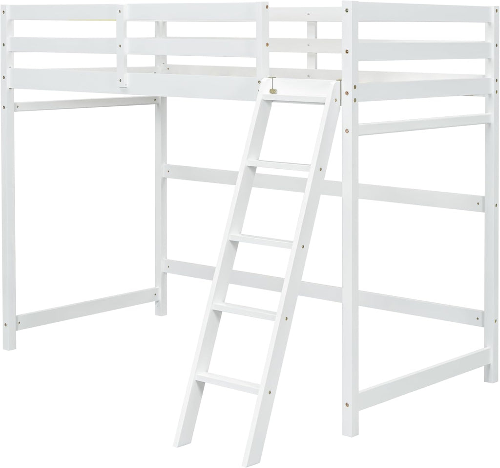 High Loft Bed with Ladder and Safety Guardrail for Kids Teens, White D580