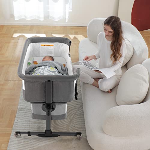 Baby Bassinet Bedside Sleeper, 3 in 1 Convertible, Newborn Crib Attaches to Bed, Pink S698