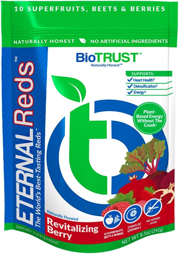 BioTrust Eternal Reds, Red Superfoods Powder, Support for Heart Health and Circulation, Energy, Stamina, No Added Sugar or Caffeine, Naturally Flavored and Sweetened, Berry Flavor (30 Servings)