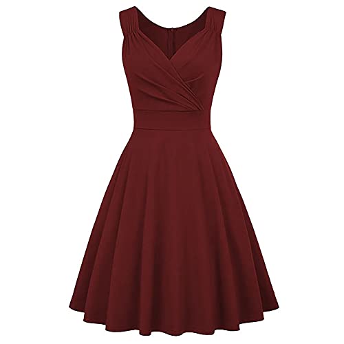 Women 50s 60s Vintage Sleeveless V-Neck Cocktail Swing Dress 1950s Wedding Semi Formal Party Rockabilly Evening Prom Dress