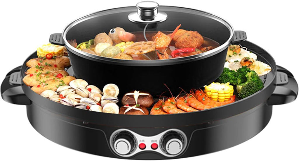 Hot Pot with Grill, 2 in 1 Barbecue Grill Pot Electric Shabu Shabu Smokeless Barbecue Pan Hot Pot Grill for Simmer Boil Fry Grill
