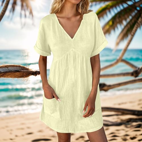 Women's Casual V Neck Short Sleeve Mini Dress with Pockets I261345