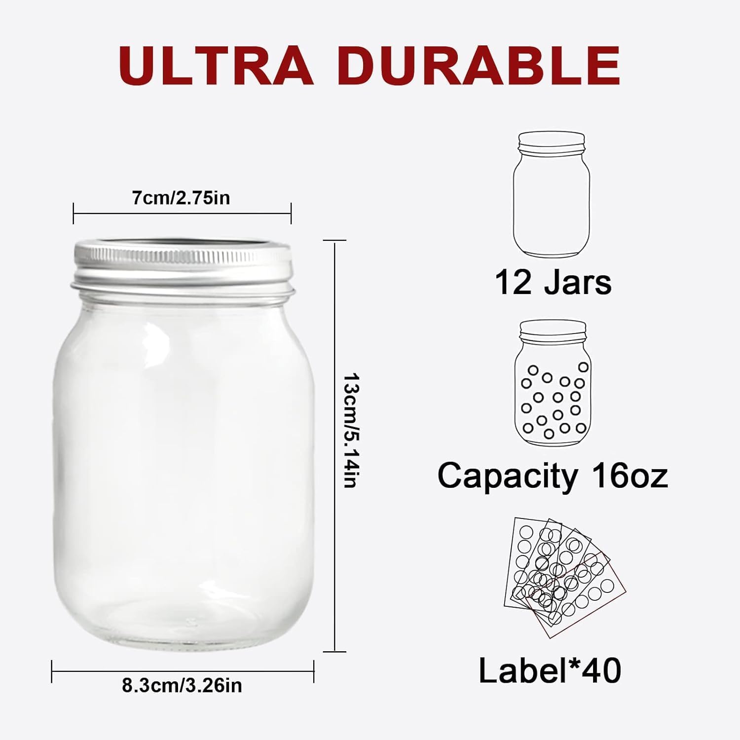 12 Pack Mason Jars with Airtight Lids, 16 oz for Canning and Food Storage F46920