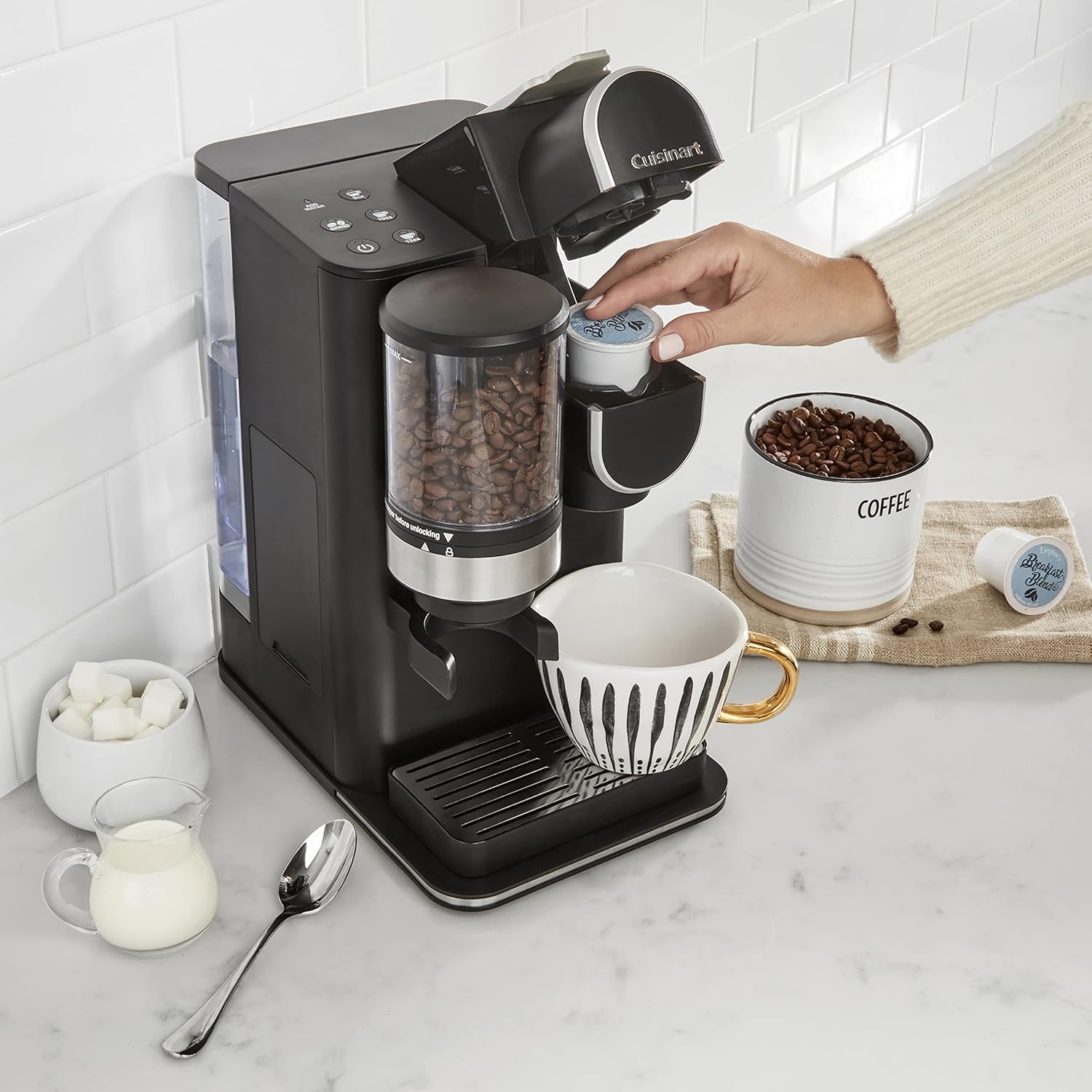 Single Serve Coffee Maker with Reusable Filter Cup and Burr Grinder K462