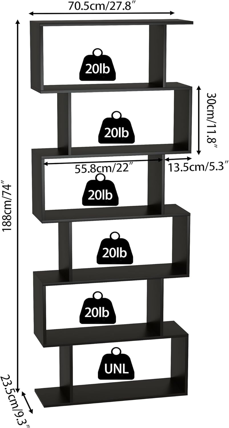 Geometric S-Shaped 6-Tier Bookshelf for Living Room, Bedroom, Study E846