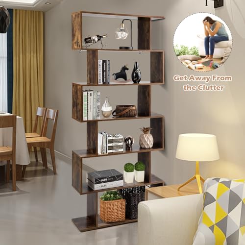 6-Tier Geometric Bookcase, Modern S-Shaped Storage Display Bookshelf, Anti-Toppling Device, Wooden Open Shelf G440024