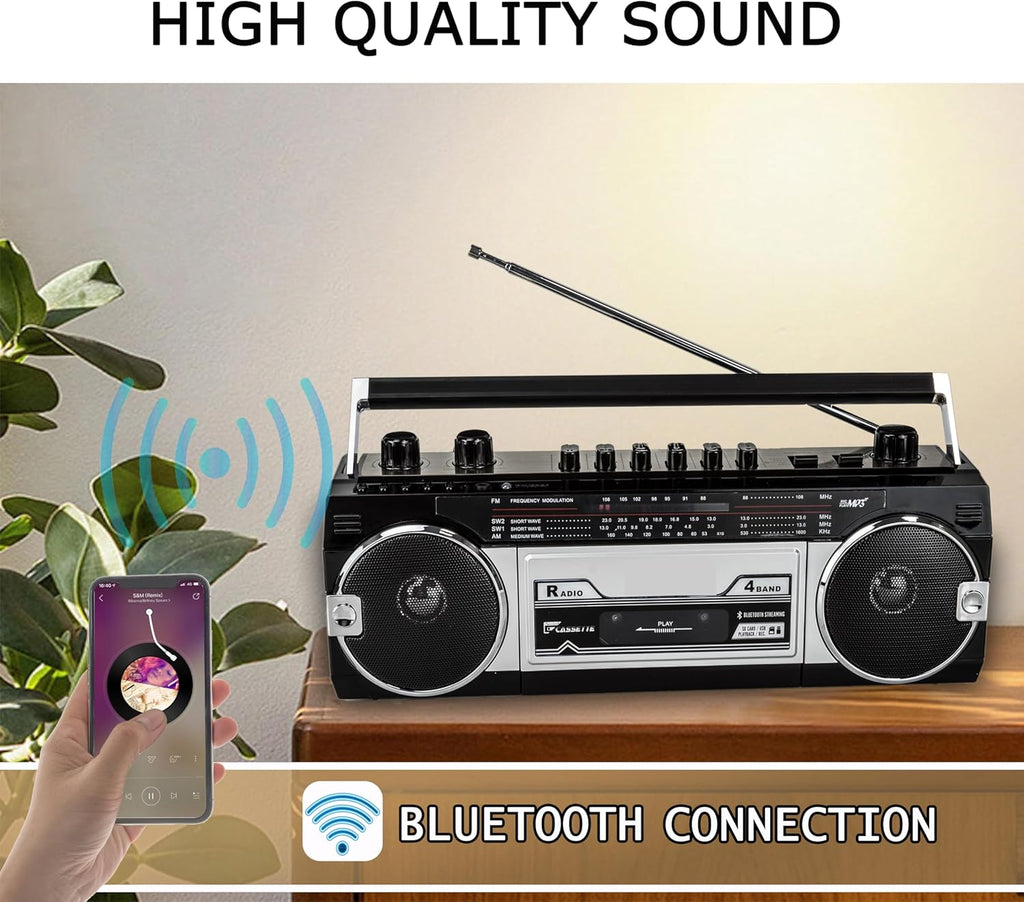 Retro Bluetooth Boombox with AM/FM Radio, Cassette to USB Converter, Black H746066