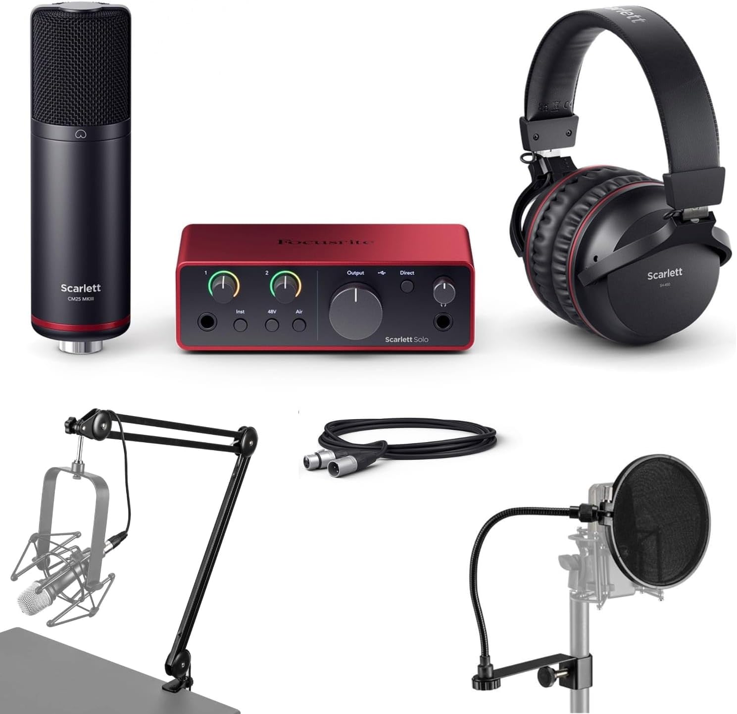 Focusrite Scarlett Solo Studio 4th Gen USB Audio Interface with Software Suite, Bundle, Broadcast Arm With Internal Springs & Pop Filter, Includes, CM25 condenser microphone, SH-450 headphones
