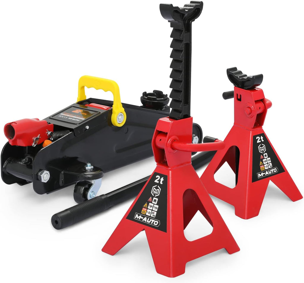 M-AUTO Hydraulic Trolley Floor Jack Combo with 2 Jack Stands, 2 Ton (4000 lb) Capacity, Steel Car Jacks Adjustable Height 10 3/4" to 16 3/4", Car Lift Auto Repair Tools, Red (Set of 3)