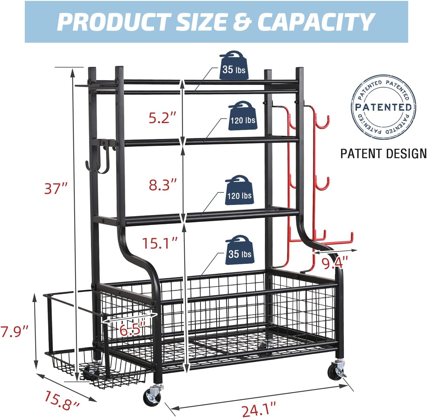 Dumbbell Rack with Wheels and Hooks for Home Gym Storage Y43677