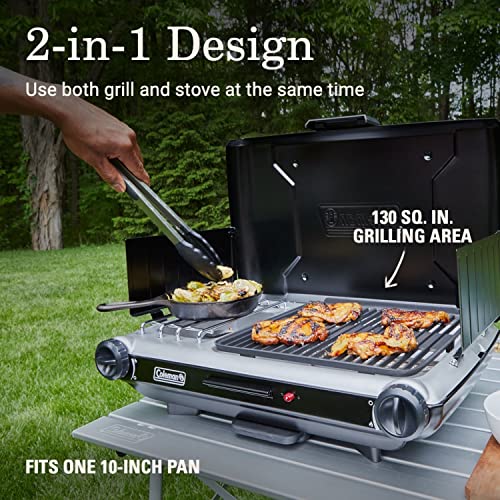 Tabletop 2-in-1 Grill & Stove with 2 Adjustable Burners, Propane, Push-Button Starter, Wind Guards, Grease Tray, 20,000 BTUs for Camping & Tailgating A359021