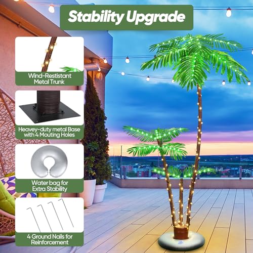 Lighted Palm Trees for Outdoor Patio, 6Ft 2 Trunks with 8 Modes O301