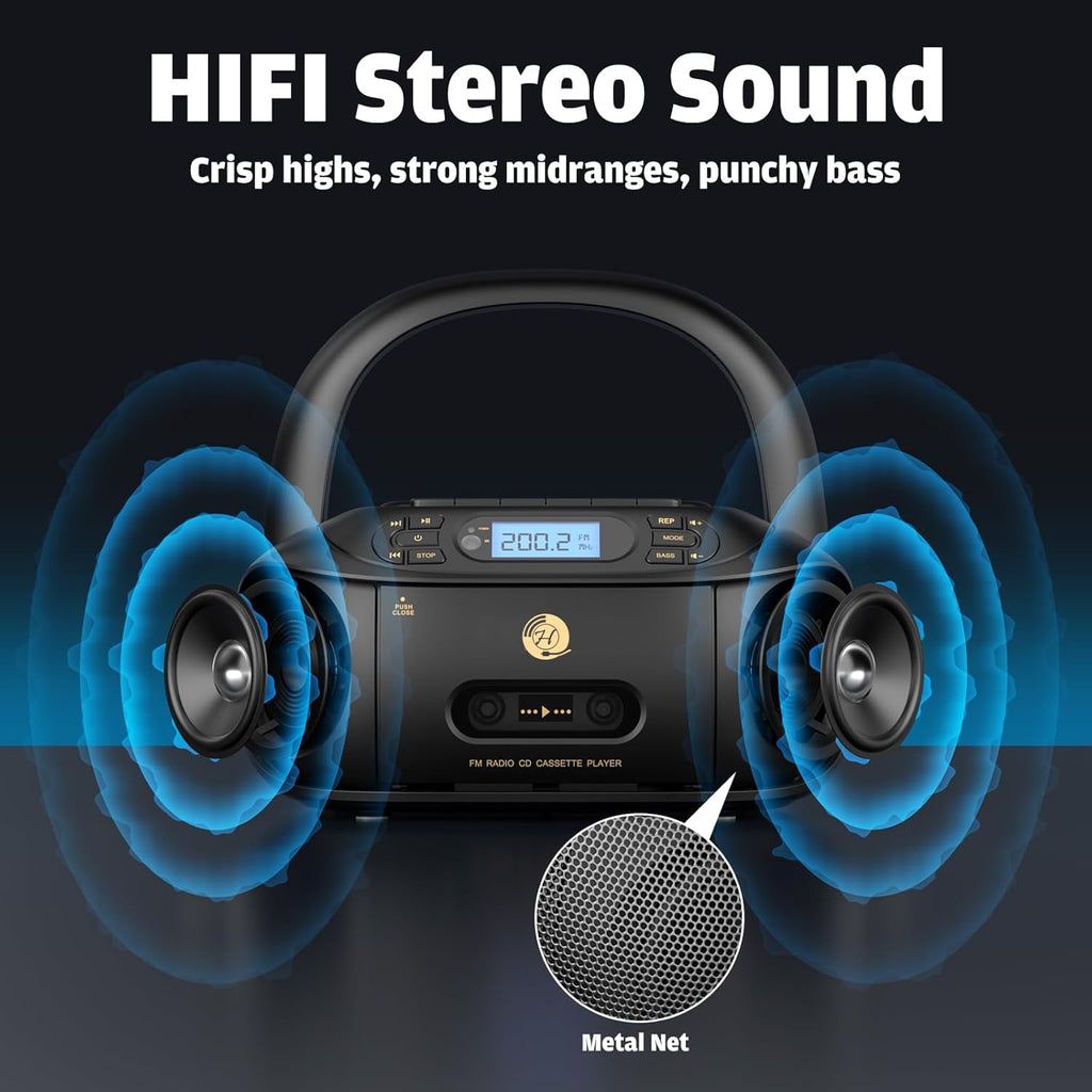 CD Cassette Player Boombox with Bluetooth, FM Radio, Aux and USB Drive B3574