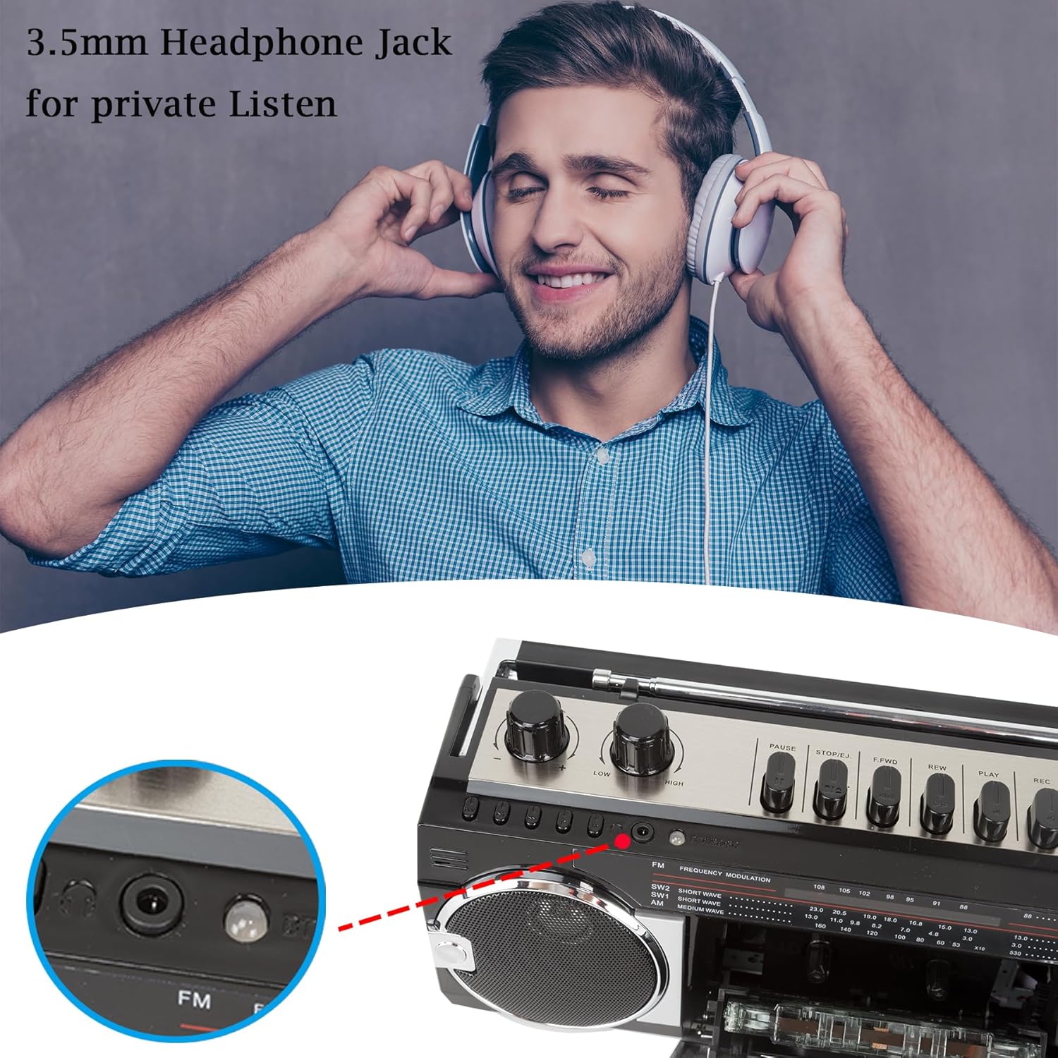 Retro Bluetooth Boombox with AM/FM Radio, Cassette to USB Converter, Black H746066