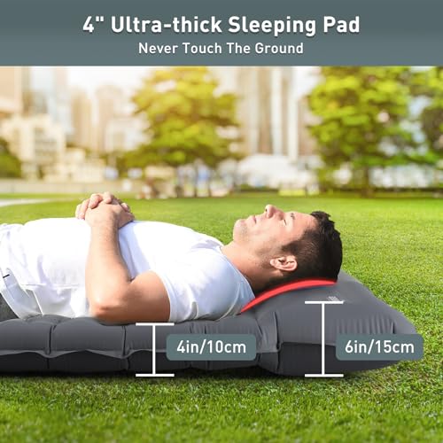 Double Sleeping Pad for Camping, 4" Self Inflating with Pillow and Foot Pump V3853