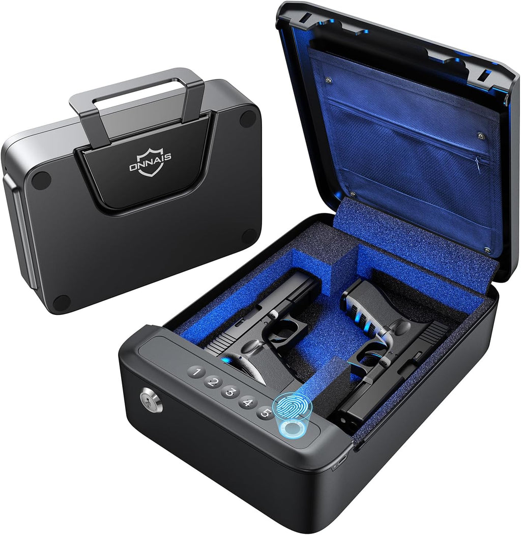 ONNAIS ALLOY SE Portable Gun Safe, Biometric Gun Safe for Pistols, Fingerprint Handgun Safe with keys, Keypad, Pistol safe for Travel Nightstand Beside Home
