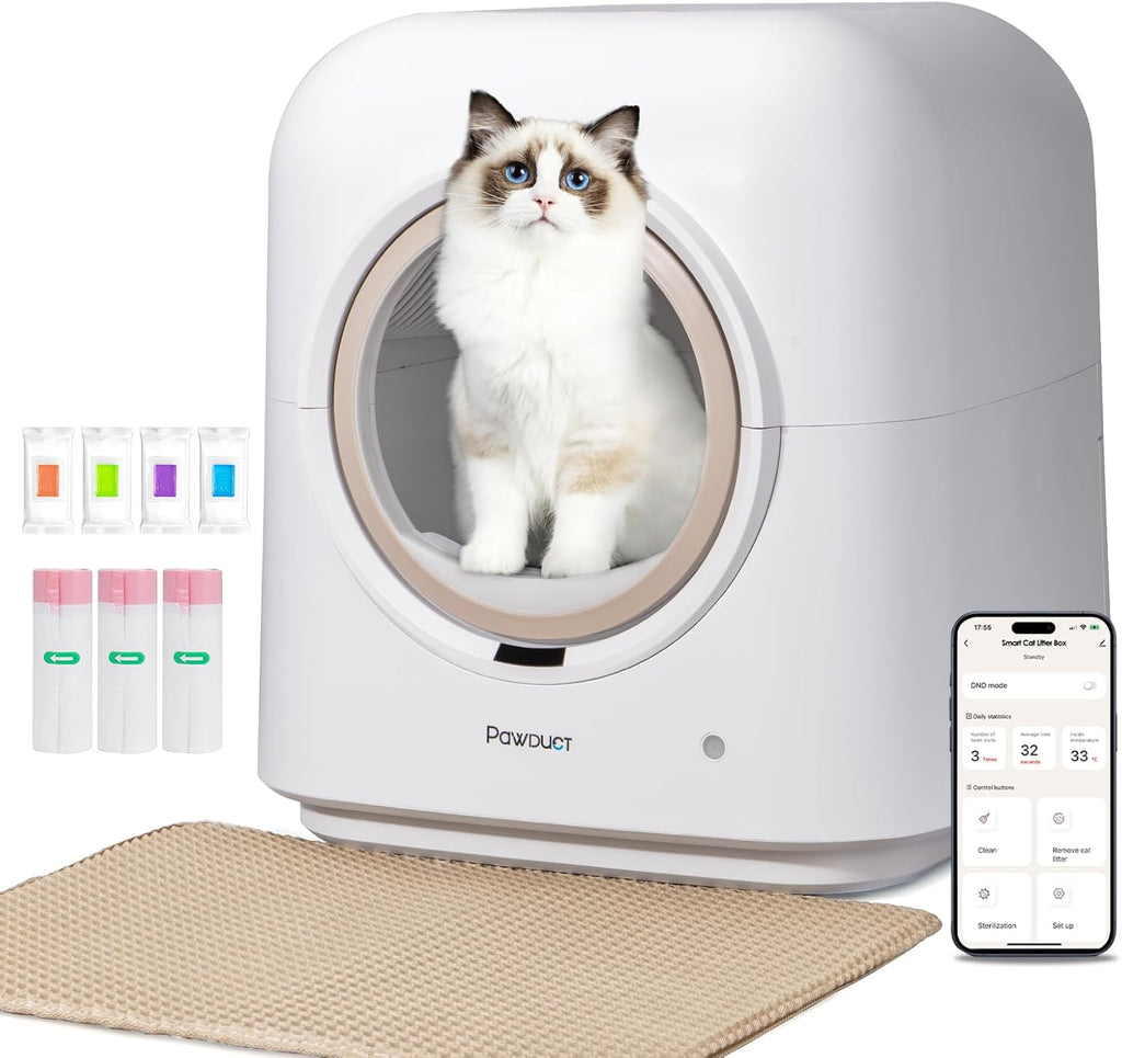 Automatic Cat Litter Box Self Cleaning, Anti-Pinch Robot Cat Litter Box, Large Cat Litter Box for Multiple Cats, Smart APP Remote Control/Odor Removal, with Waste Bags/Mats