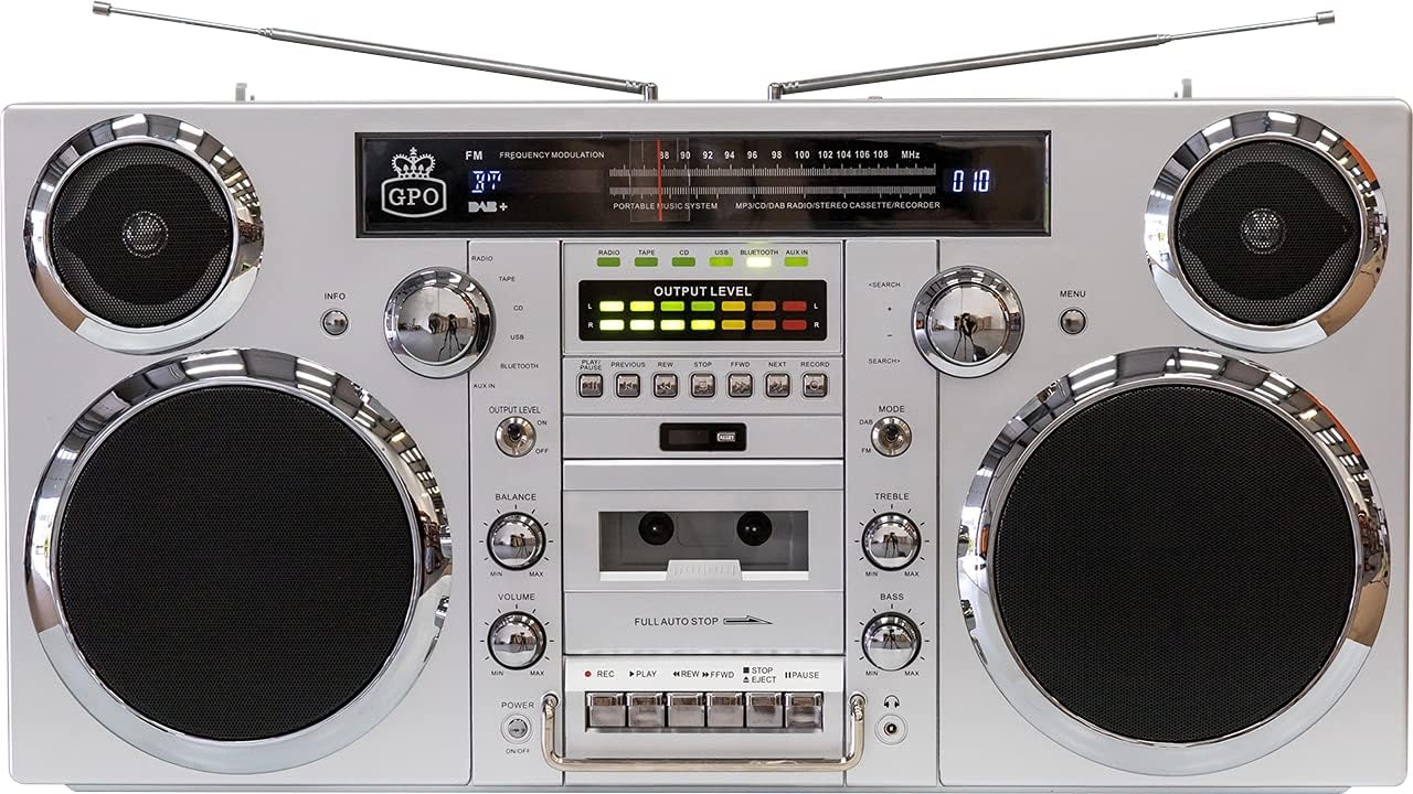 GPO Brooklyn 1980S-Style Portable Boombox - CD Player, Cassette Player, FM Radio, USB, Wireless Bluetooth Speaker - Silver