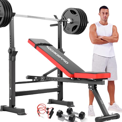 OPPSDECOR Adjustable Weight Bench Set with Squat Barbell Rack, Removable Foot Bracket, 600lbs 6 in 1 Weight Bench, Foldable Workout Bench for Full Body Exercise Home Gym MTY-1318 Bench Press