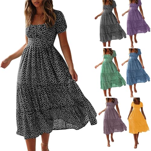 Womens Flowy Dresses Summer Casual Short Sleeve Empire Waist Smocked Dress Boho Floral Print Tiered Long Dress Beach Sundress