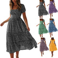 Womens Flowy Dresses Summer Casual Short Sleeve Empire Waist Smocked Dress Boho Floral Print Tiered Long Dress Beach Sundress