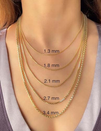 14K Real Gold Round Box Chain Necklace for Men and Women E12507