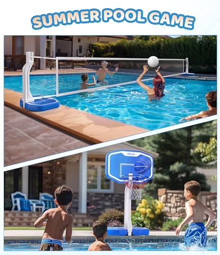 Swimming Pool Basketball & Volleyball Game Set with Hoop, Balls, Net, and Pump H4212