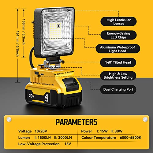 Cordless LED Work Light for 20V Battery, 30W 3000LM Flood Light with Adjustable Head and USB Charging Port F30445