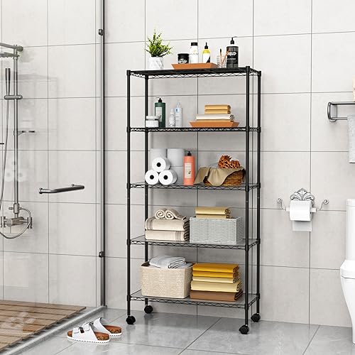 5 Tier NSF Metal Wire Shelving Unit, 60" H x 30" L x 14" D, Heavy Duty Adjustable Storage Rack with Wheels C23549