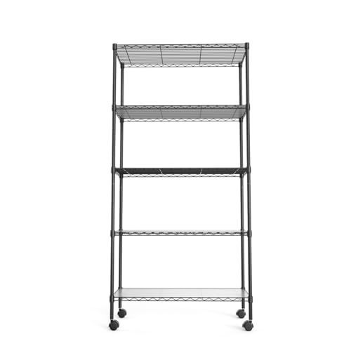 5 Tier NSF Metal Shelf Wire Shelving Unit, 60" H x 30" L x 14" D - 750lbs Capacity Heavy Duty Adjustable Storage Rack with Wheels & Shelf Liners for Closet Kitchen Garage Basement and More - Chrome