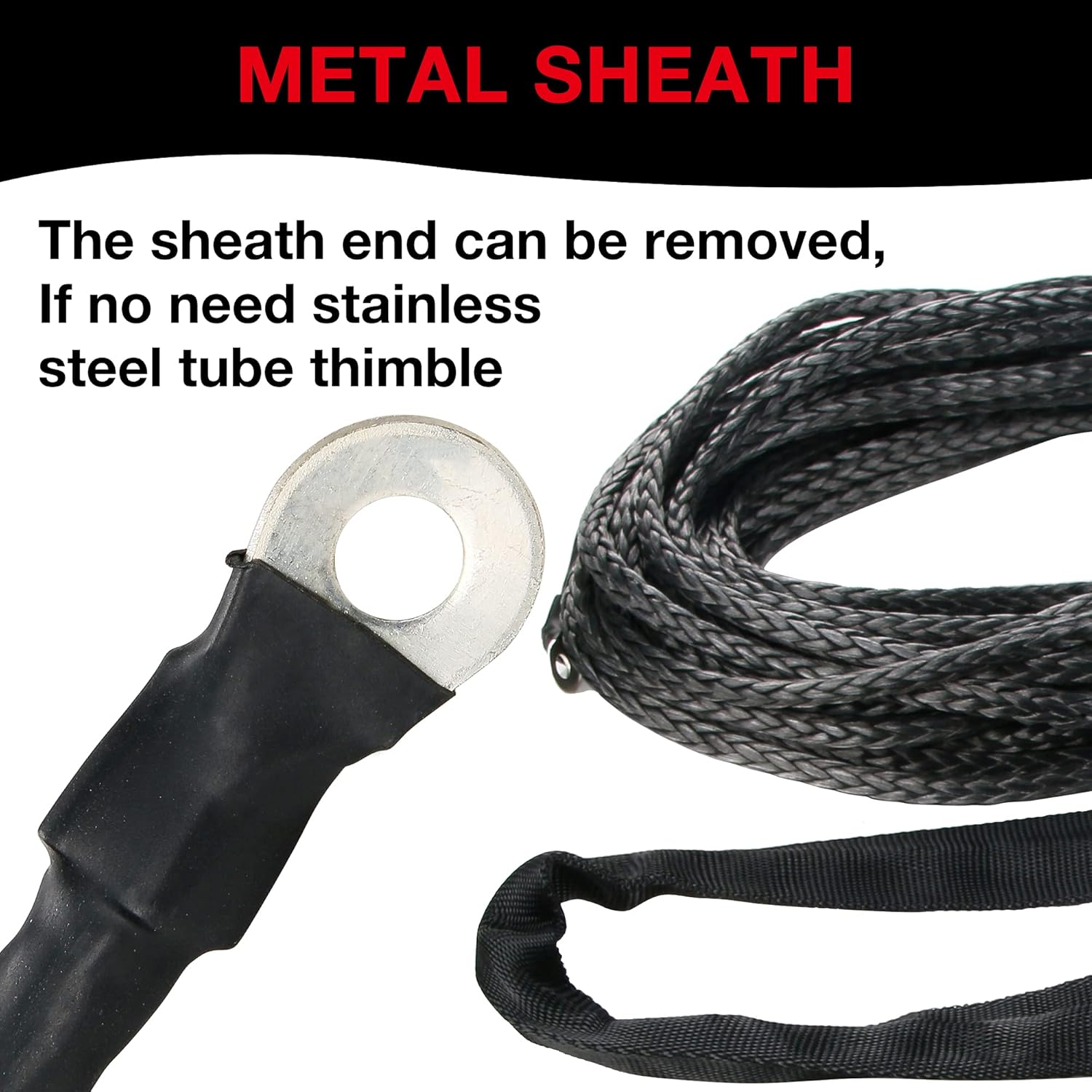 1/4" Synthetic Winch Rope 50 Ft Black Heavy Duty 10000 lb with Steel Hook and Thimble O7298