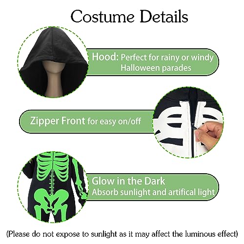 Glow in the Dark Skeleton Onesie Bodysuit with Gloves, Adult Halloween Pajamas Jumpsuit, Black XL I8809