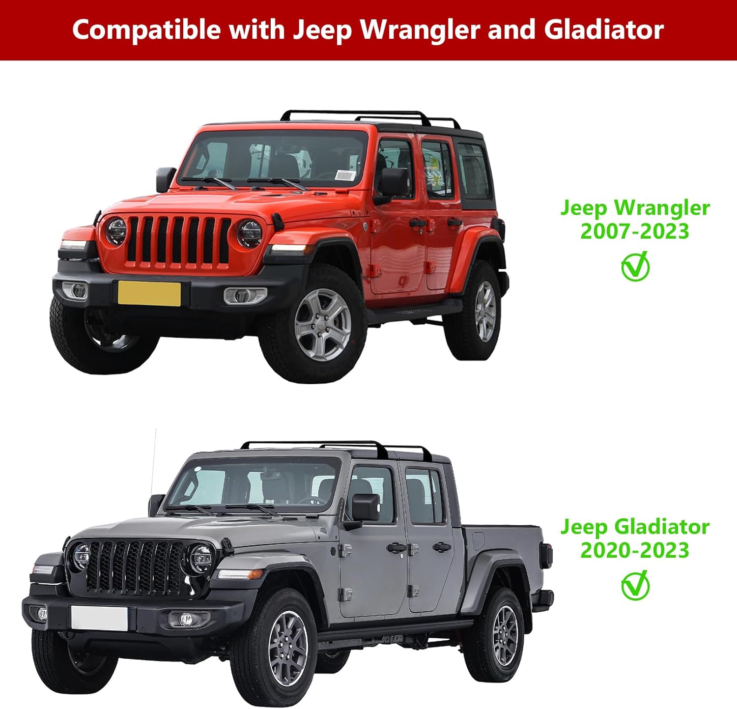 Roof Rack Cross Bars for Jeep Gladiator 2020-2023 & Wrangler 2007-2023, Heavy Duty Aluminum, Max Load 260lbs P648