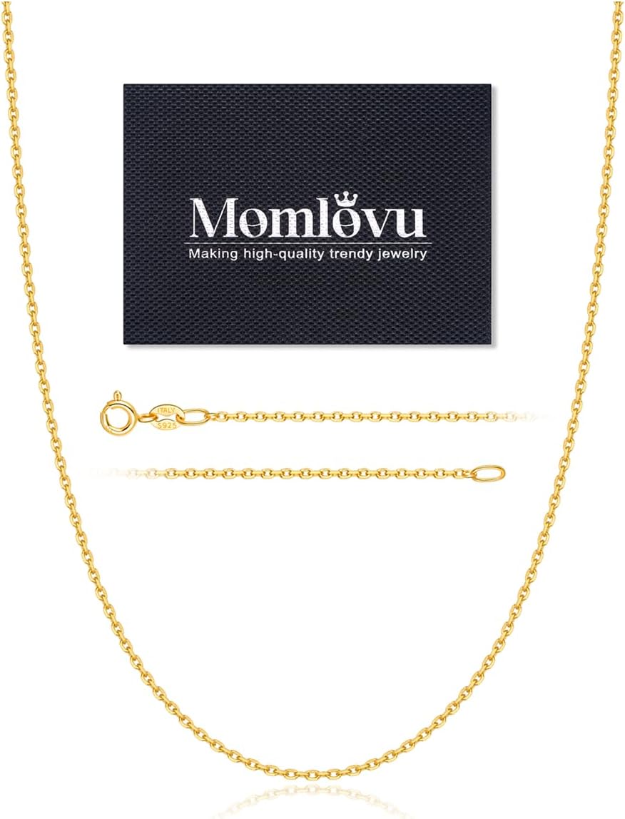 Momlovu Solid 18k Gold Over 925 Sterling Silver Chain Necklace for Women, 1.1mm Cable Chain Hypoallergenic Replacement Necklace, Sturdy&Shiny Women's Chain Necklaces 14/16/17/18/20/22/24 Inch