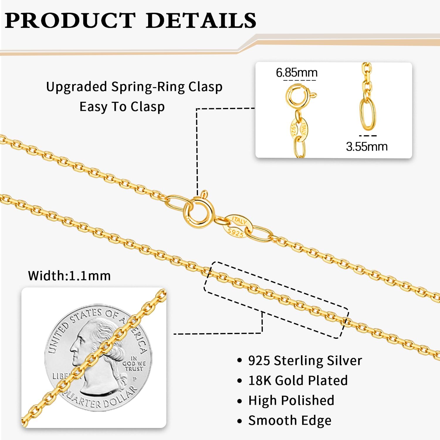 Solid 18k Gold Over 925 Sterling Silver Chain Necklace for Women, 1.1mm Cable Chain V952641