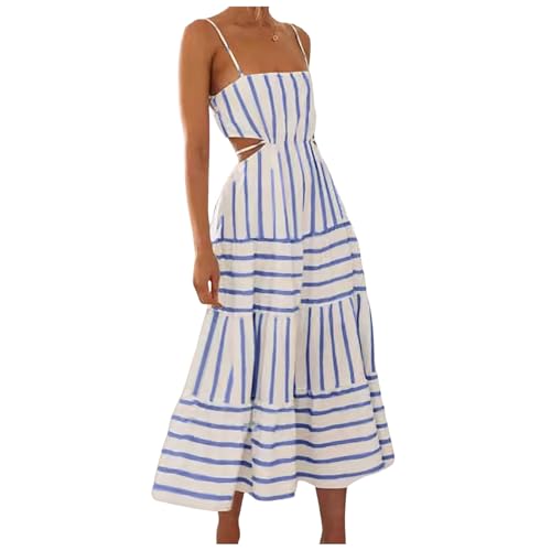 Women's Spaghetti Strap Maxi Dress Casual Sleeveless Side Cut Out Dress Striped Backless Flowy Boho Long Dresses